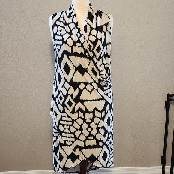 Clara Sun Woo Aztec Crinkle Pleat Crossover Tulip Hem Dress, Medium Size 12 - Picture 1 of 5